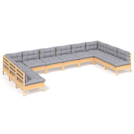 vidaXL Salon de jardin 10 Pièces avec coussins gris bois de pin solide
