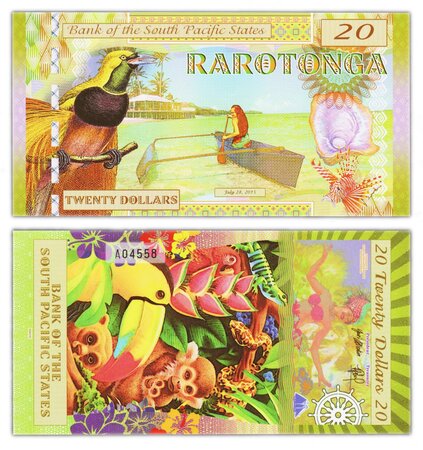 Billet de collection 20 dollars 2015 rarotonga / bank of south pacific states - neuf - billet fantaisie