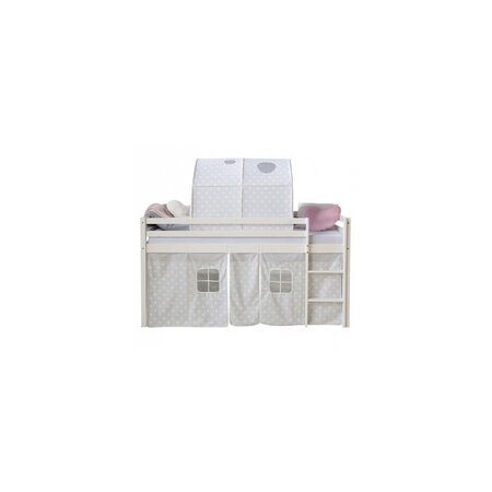 Lit mezzanine 90x200 a rideaux mansardes avec tunnel etoiles blanches