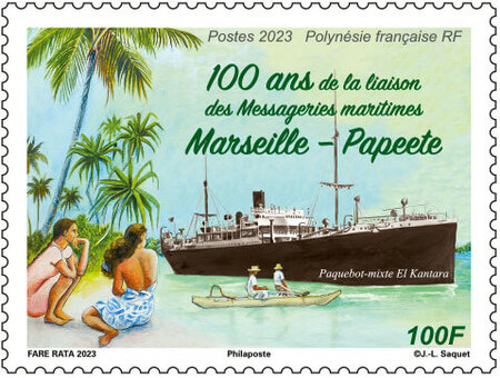 Timbre Polynésie Française - 100 ans de la liaison des Messageries maritimes - Marseille - Papeete