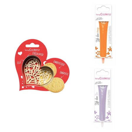 Kit pour biscuit en relief Coeur + 2 Stylos au chocolat orange et lilas