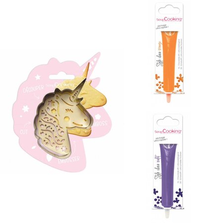 Kit pour biscuit en relief Licorne + 2 Stylos au chocolat orange et violet