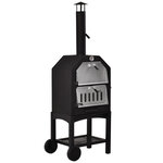 Four à pizza extérieur au charbon de bois - barbecue sur roulettes - Four à bois - pierre réfractaire - cheminée  jauge température - acier inox.noir gris