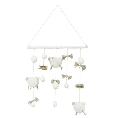 Suspension murale enfant - moutons et pompons en laine - 40 x 60 cm