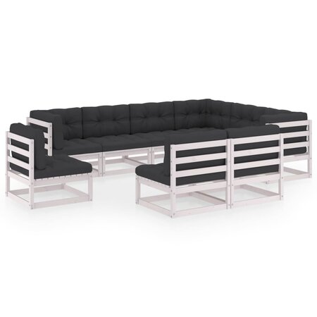 vidaXL Salon de jardin 9 Pièces avec coussins Blanc Bois de pin massif