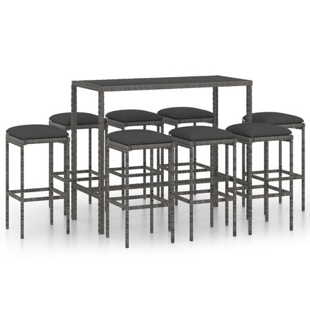 vidaXL Ensemble de bar de jardin 9 Pièces et coussins Résine tressée Gris