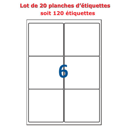 Lot de 20 planches étiquettes autocollantes sur feuille a4 : 99 x 93,1 mm (6 étiquettes par feuille, spéciales bons de transport)