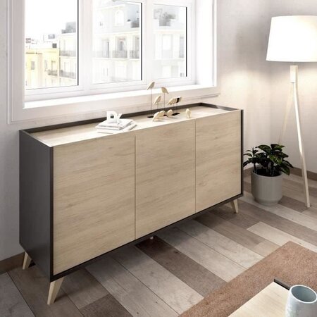Buffet - Bois clair et graphite - Contemporain - 3 portes - NESS - L 155 x P 43 x H 75 cm