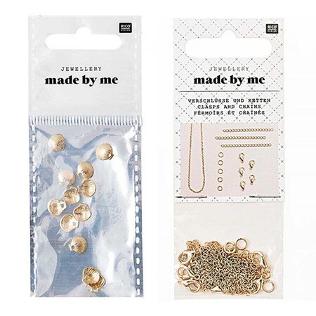 12 mini perles coquillages dorées + fermoirs épais et chaînes dorés