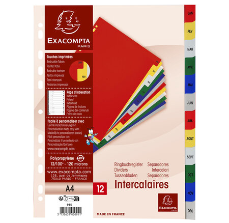 Intercalaires Imprimés Mensuels Pp Couleurs Janv-décembre - A4 - Blanc - X 20 - Exacompta