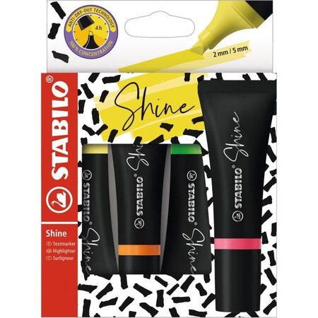 Pochette x 4 surligneurs stabilo shine - jaune + vert + orange + rose