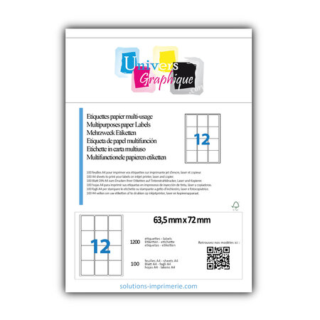 Lot de 100 planches a4 de 12 étiquettes à bords ronds 63,5 x 72 mm en papier blanc 70g/m² multifonction