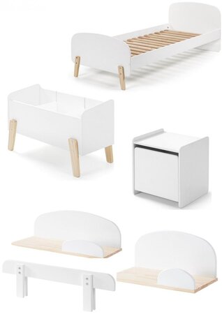 Lit simple + sommier + chevet + Etagères 45cm/65cm + Coffre jouets + barrière lit