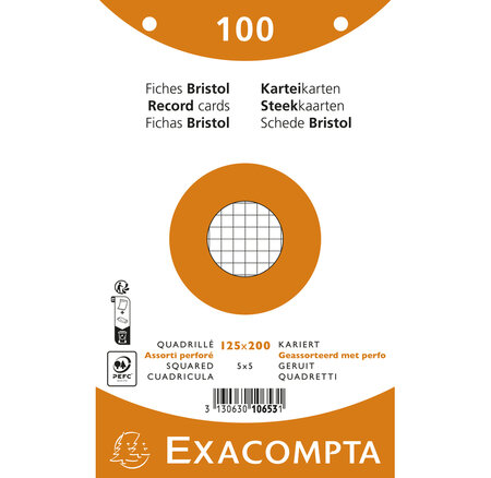 Paquet 100 Fiches Sous Film - Bristol Quadrillé 5x5 Perforé - 125x200mm - Couleurs Assorties - X 12 - Exacompta