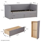 Lit 90x200 avec 2 tiroirs de lit gris en tissu