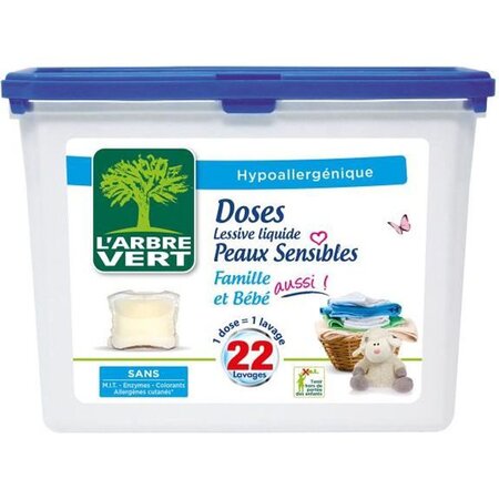 L'ARBRE VERT Doses lessive liquides Peaux sensibles - 22 lavages -  580,8 g