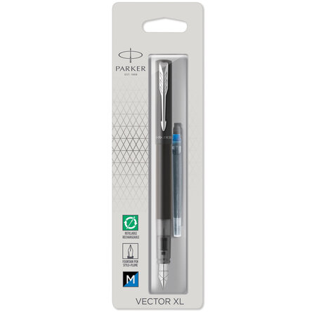 Parker vector xl stylo plume  laque noire métallisée sur laiton  plume moyenne  encre bleue  blister