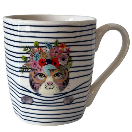 Tasse en céramique blanche rayée chat en coffret cadeau