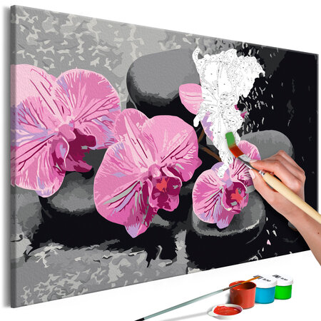 Tableau à peindre par soi-même - orchidée et pierres zen (fond noir) l x h en cm 60x40
