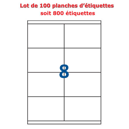 Lot de 100 planches étiquettes autocollantes blanches sur feuille a4 : 105 x 70 mm (8 étiquettes par feuille  spéciales bons de transport)