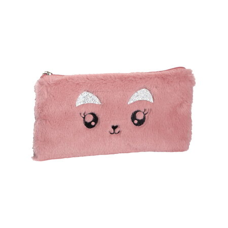 Trousse fourre tout plat 22 x 12 cm - peluche chat rose