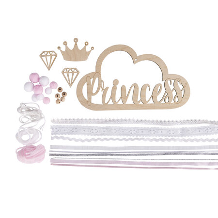 Kit: pendentif bois av.rubans "princess"  rose tendre  pendentif bois:22x12 5cm  1 kit
