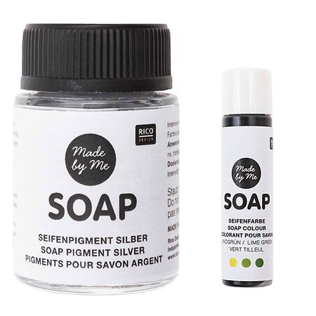 Pigment argenté pour savon 20 ml + colorant vert tilleul