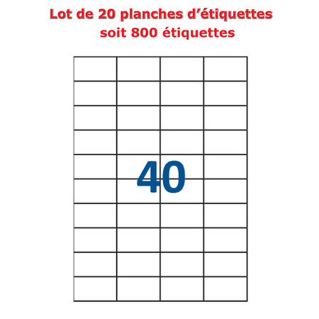 Lot de 20 planches étiquettes autocollantes sur feuille a4 : 52,5 x 29,7 mm (40 étiquettes par feuille)