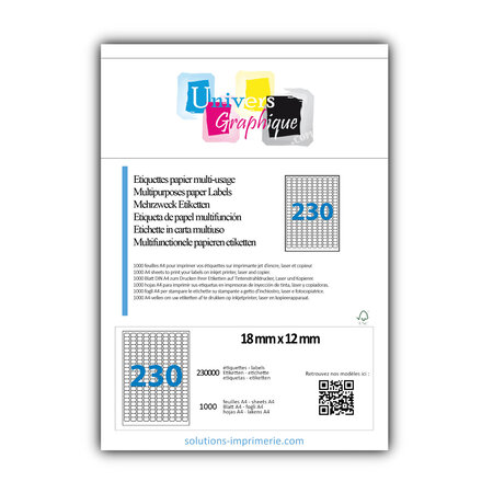 Lot de 1000 planches a4 de 230 étiquettes à bords ronds 18 x 12 mm en papier blanc 70g/m² multifonction