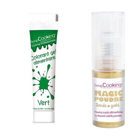 Gel colorant alimentaire vert + Poudre irisée dorée