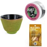 Porte-encens coupelle Vert et Doré + Sable noir + Bâtonnets Palo Santo