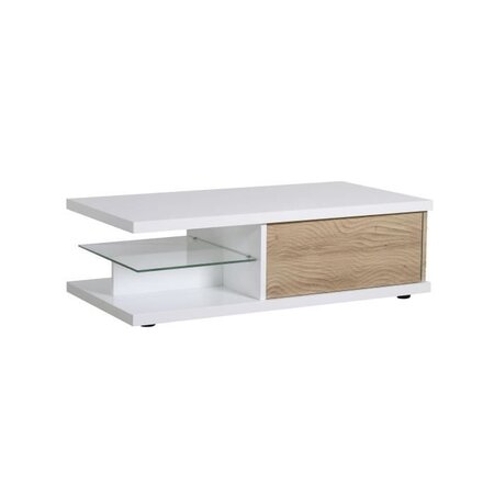 SCIAE Table basse rectangulaire - Décor chene clair et Laqué blanc - Classique - 1 tiroir - L 120 x P 60 x H 37 cm - KARMA