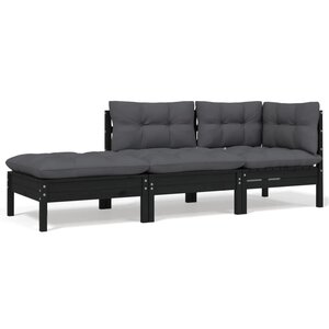 vidaXL Salon de jardin 3 Pièces avec coussins Noir Bois de pin solide