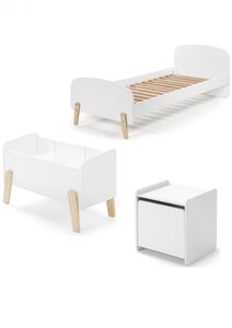 KIDDY Lit simple en bois laqué et brut et sommier + Chevet 1 porte + Coffre à jouets Blanc