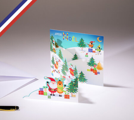 Carte tri-volet fin d'année théâtre d'hiver créée et imprimée en france- joyeux noël- le père noël