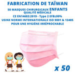3 LOTS x 50 MASQUES ENFANTS ROSE FABRIQUÉ À TAÏWAN + 1 LOT x 50 MASQUES ENFANT VIOLET OFFERT + 1 ÉTUI BACTÉRICIDE ANTIBACTÉRIEN OFFERT