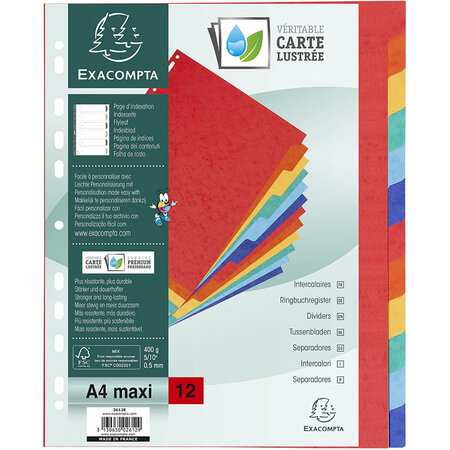 Intercalaires a4+ - 12 positions - carte lustrée 400g - exacompta