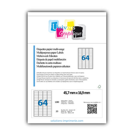 Lot de 20 planches a4 de 64 étiquettes à bords ronds 45,7 x 16,9 mm en papier blanc 70g/m² multifonction