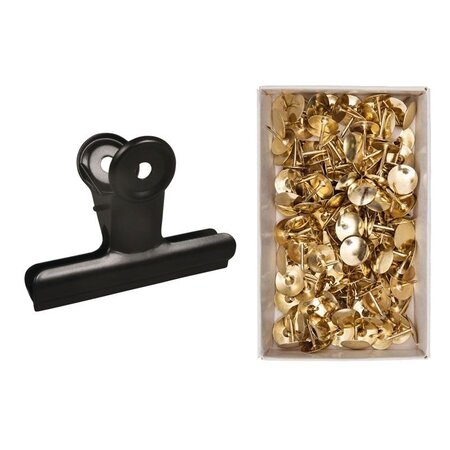 Pince double clip métal noir 9 x 7 x 4 cm + 150 punaises dorées