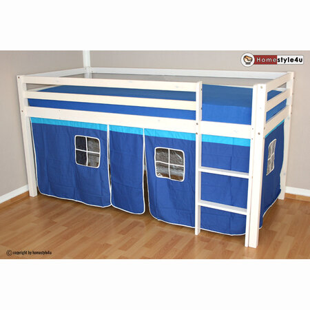 Lit Simple Blanc 90x200 en hauteur avec echelle et rideau bleu