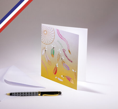 Carte double aurore créée et imprimée en france sur papier certifié pefc - joyeux anniversaire - attape-rêves