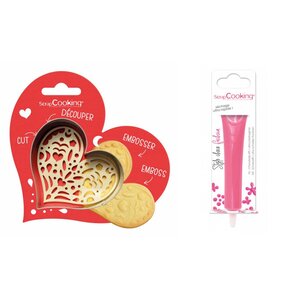 Kit pour biscuit en relief Coeur + Stylo au chocolat fuchsia