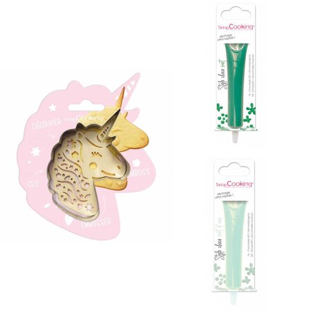 Kit pour biscuit en relief Licorne + 2 Stylos au chocolat vert et vert d'eau