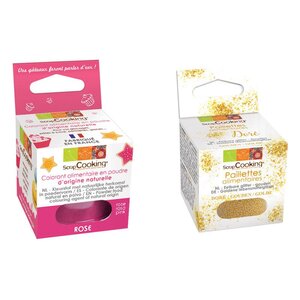 Colorant alimentaire Rose foncé + paillettes dorées