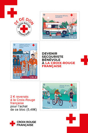 Bloc 3 timbres - Croix Rouge Française - 2023 - Lettre Verte