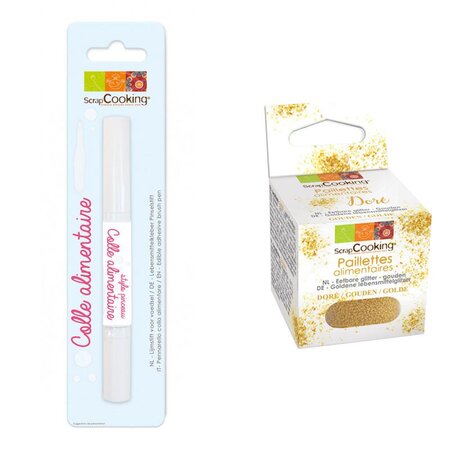 Stylo pinceau colle alimentaire + paillettes dorées