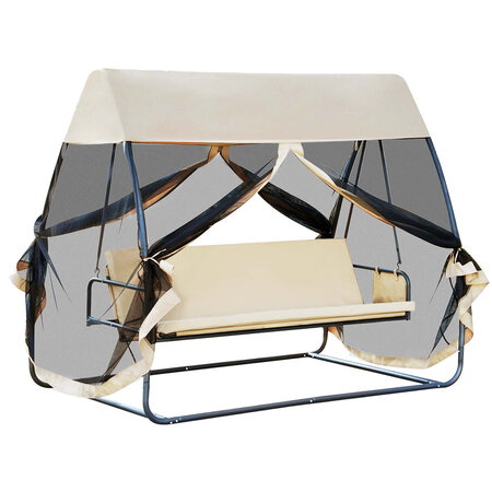 Balancelle de jardin convertible 3 places grand confort : matelas assise dossier  moustiquaire intégrale zippée avec toit   pochette rangement métal époxy polyester beige