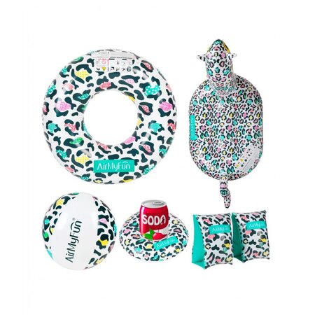 Brassards de natation 3-6 ans + bouée + bouée chevauchable + porte boisson + ballon gonflable - pack famille léopard