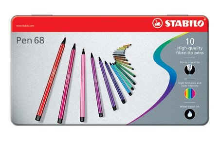 Boîte métal de 10 feutres de dessin pen 68 pte ogive moyenne 1 mm stabilo