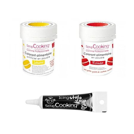 2 colorants alimentaires rouge-jaune + Stylo glaçage noir